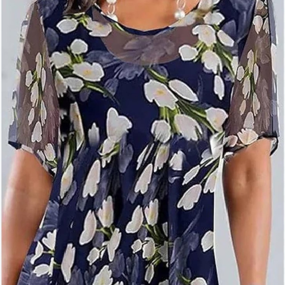 Blue and White Floral Blouse with Short Sleeves